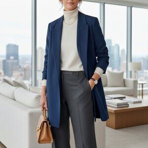 Lafayette 148 Womens XL Navy Blue Open Front Longline Blazer Luxury Minimalist